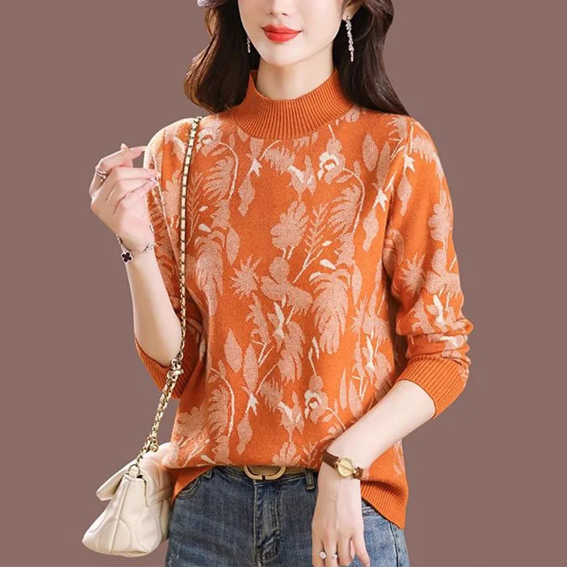 Autumn Fashionable and Fashionable High End Half High Neck Jacquard Loose and Versatile Casual Reducing Age Mother\'s Sweater