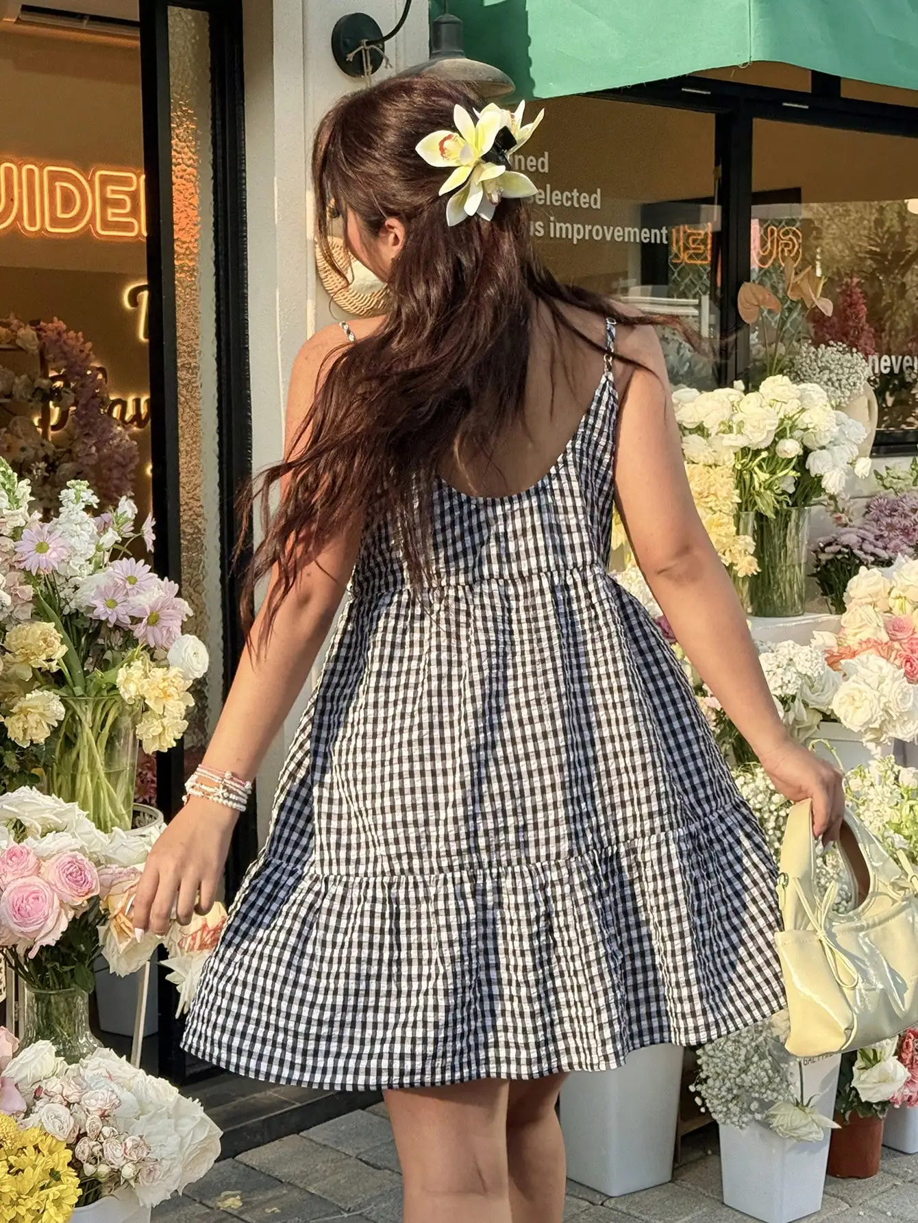 

Black And White Gingham Sleeveless Tiered Mini Dress For Women Summer Casual Beach