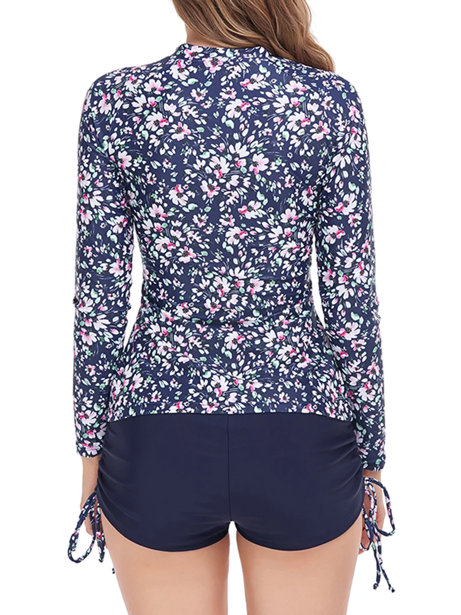 2025 Long Sleeve Surf Swimsuit Floral Printed Swimwear Women Zipper Two Piece Rashguard Diving Clothes Bathing Swimming Suit
