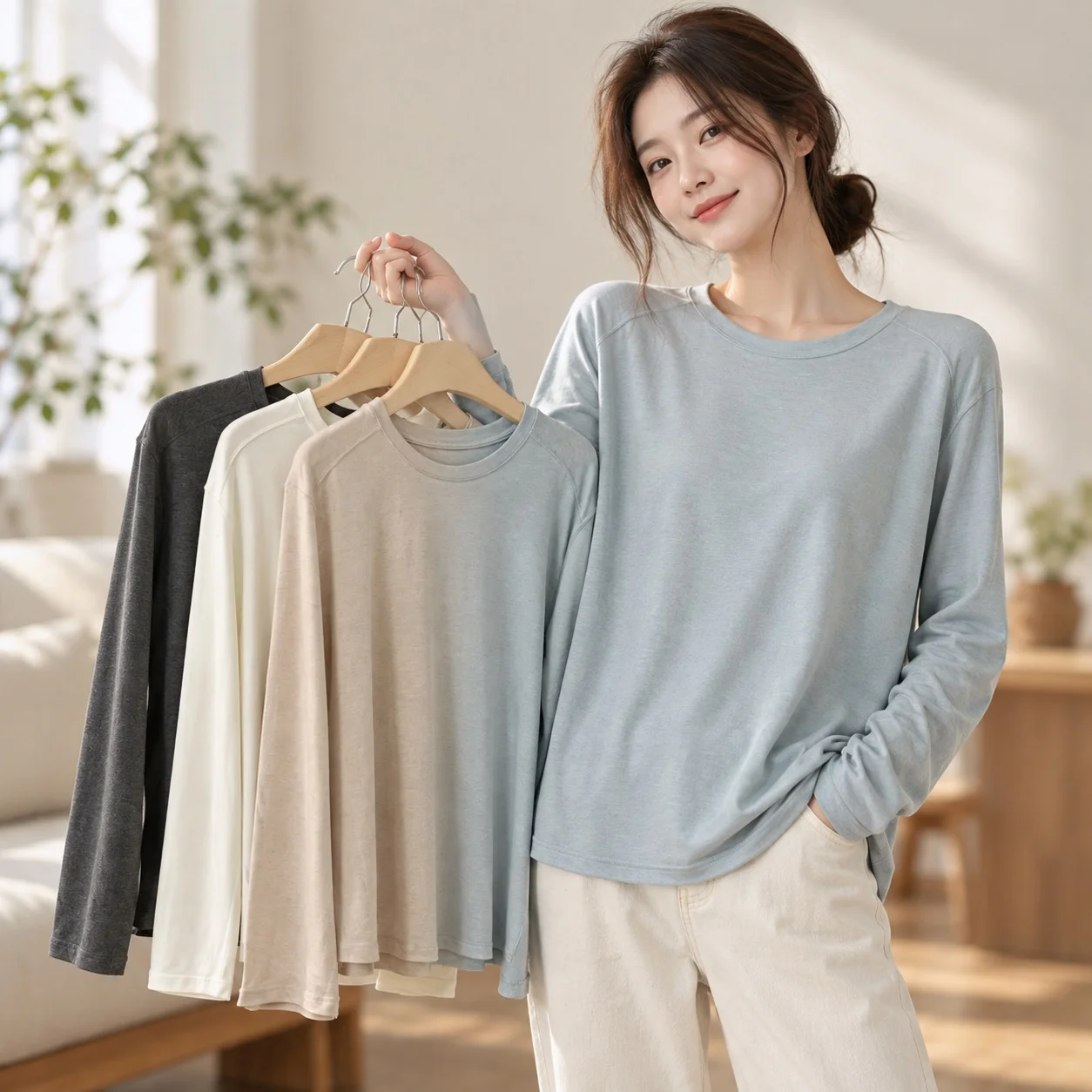 Long Sleeve Loose Fit Top Loose Cut Japanese Korean Casual with T Shirts Round Neck Patterned Regular Sleeve Spring for Women