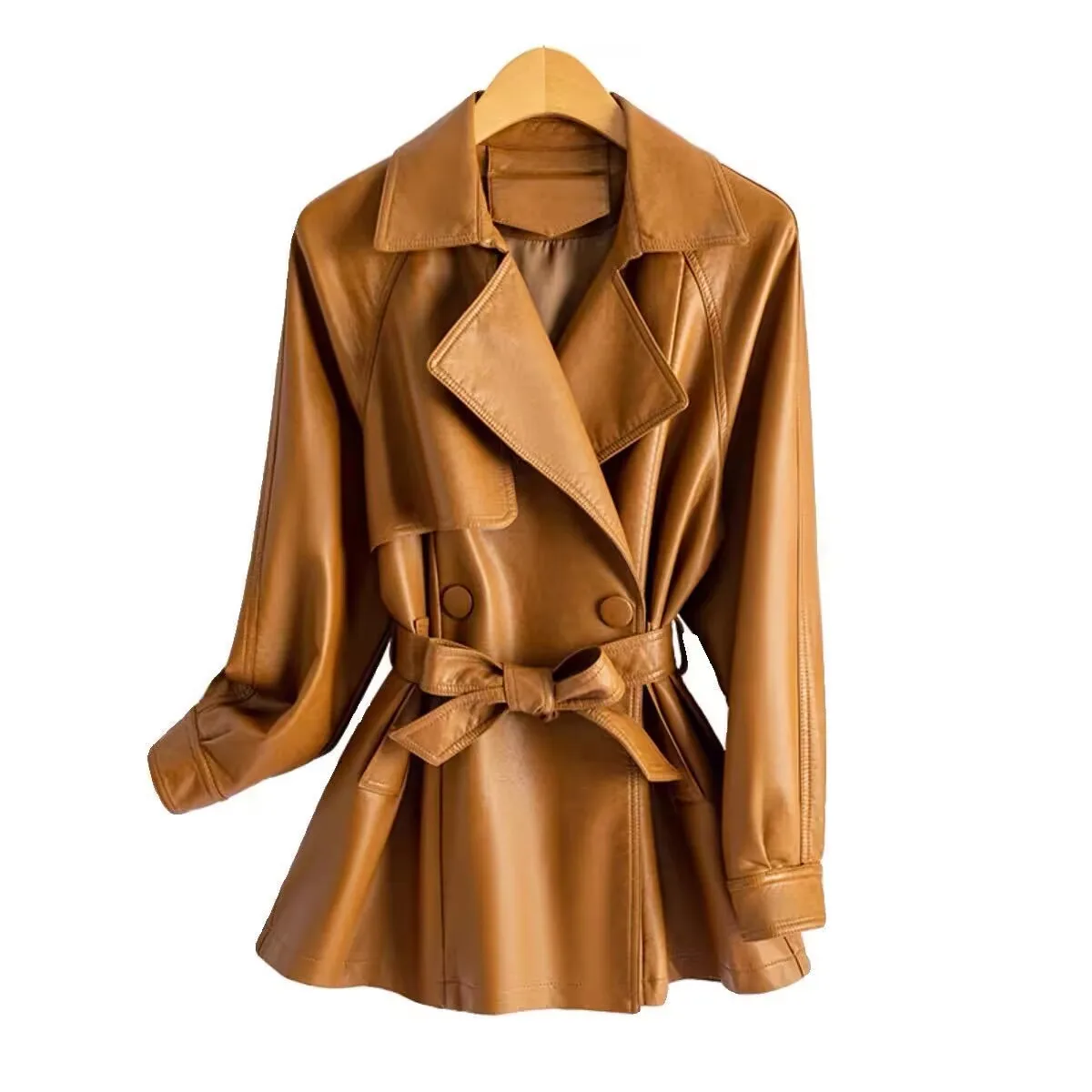 Spring Autumn Women Leather Jacket New Korean Loose British Style Trench Coat With Belt Large Size 4XL Female PU Leather Outwear