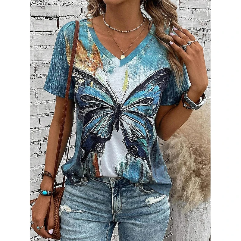 Women\'s T shirt 3D Butterfly Print Casual Daily Blue Print Short Sleeve Fashion V Neck Tee Clothing Summer Loose Streetwear Tees