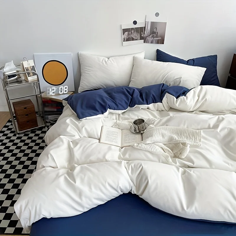 

4pcs Simple Solid Color Double Stitch Quilt Cover Set White Blue Gray 1 Quilt Cover 2 Pillowcases Meicare life