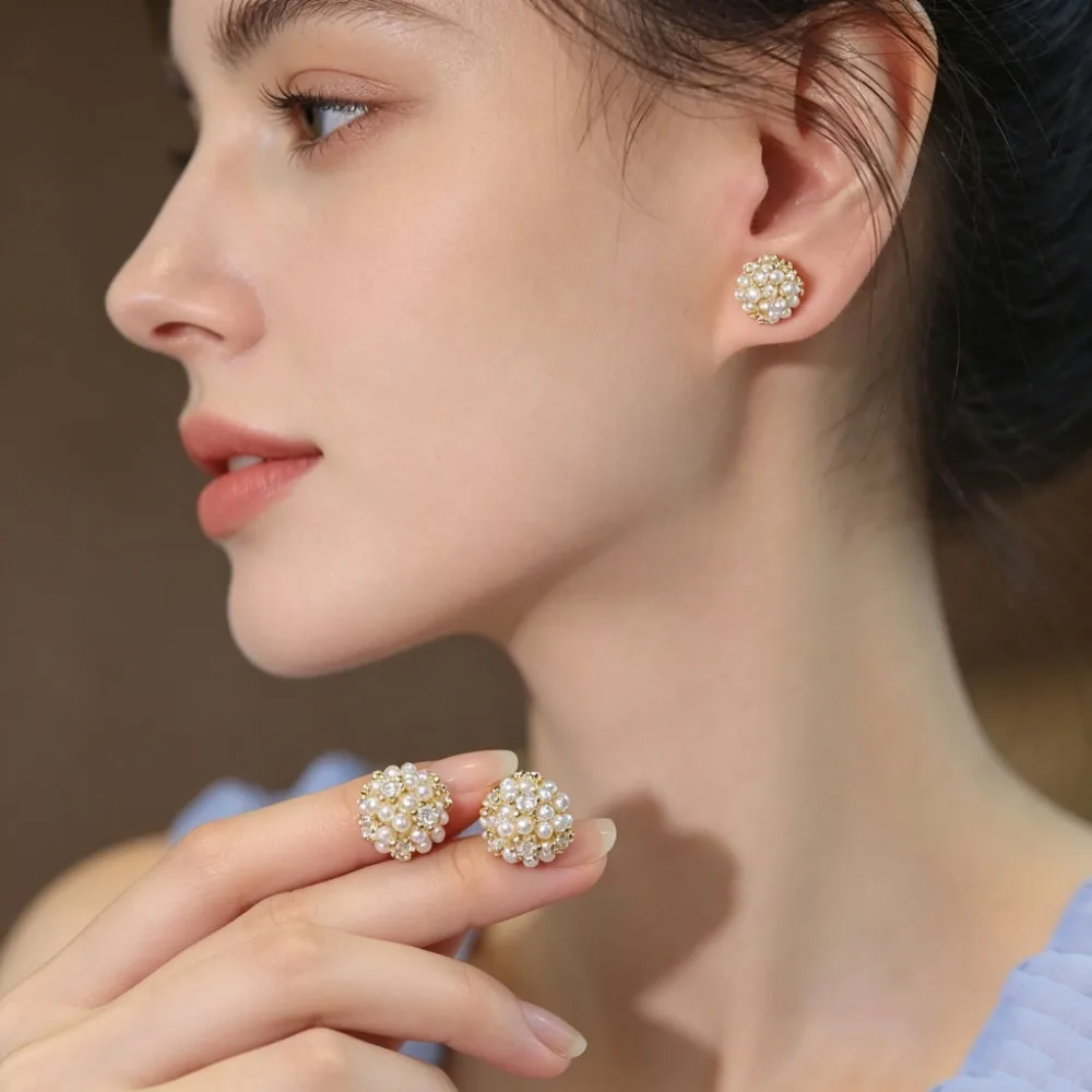 Korean Trendy Elegant Flower Pearl Double Sided Front Back Earrings Jewelry for Women Daily Office Wear