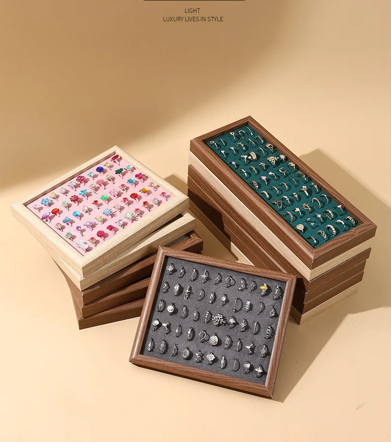 Wooden Ring Ear Studs Display Tray with Velvet Lining ,Creative Large Capacity Jewelry Organizer for Store Show & Home Storage