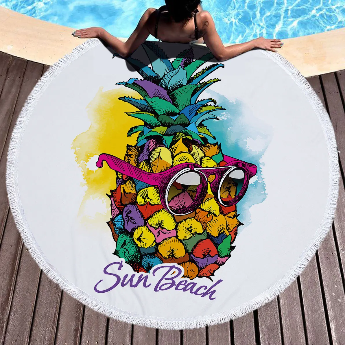 Round Beach Towel Blanket Stripe Pineapples Microfiber Quick Dry Extra Large 60 Inches Roundie Towel Mat for Kids Women Girls Me