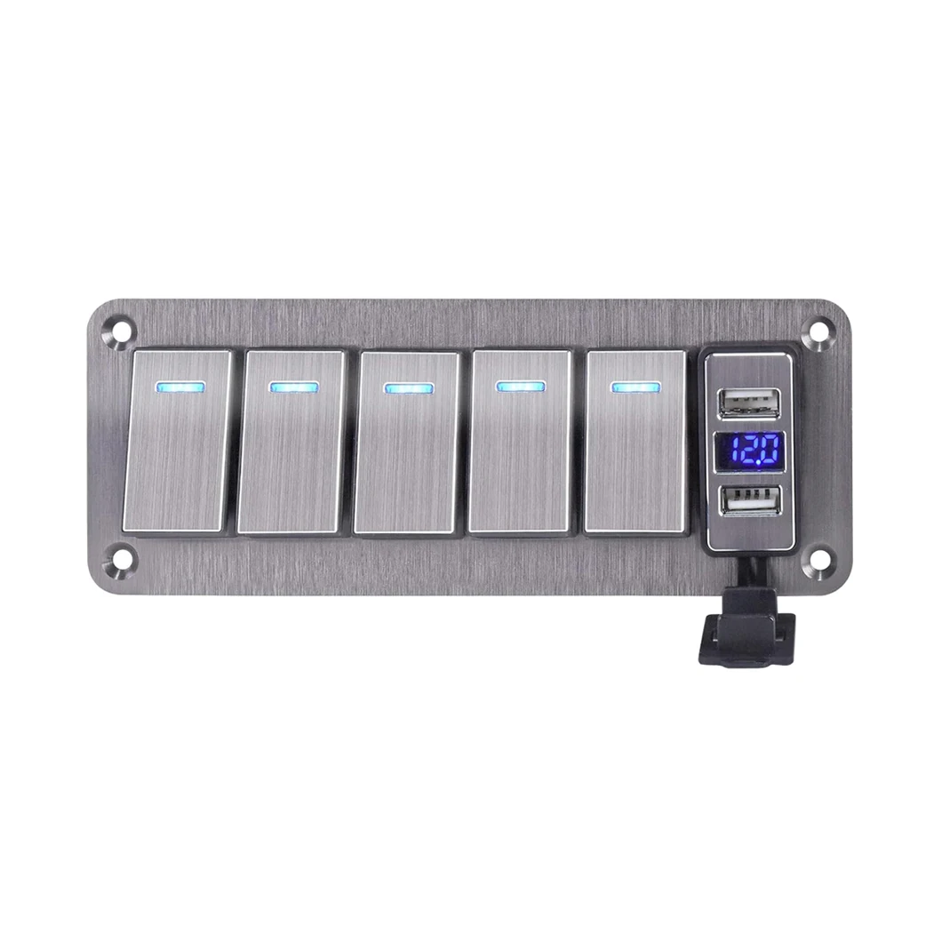 5 Gang Waterproof Rocker Toggle Switch ON-OFF Blue Light Car Switch Panel with USB Car Power Charger 12-24V For Marine Boat Auto