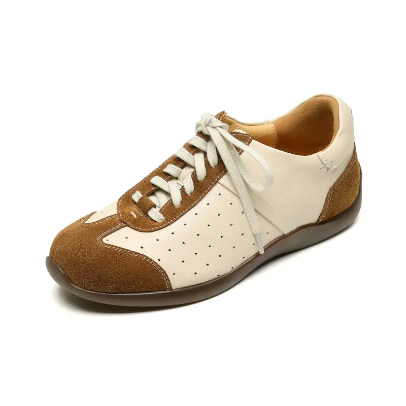 

2025 Trend Genuine Leather Horsehide Women's Flats Luxury Patchwork Lace-Up Sneakers round Toe Autumn Shoes