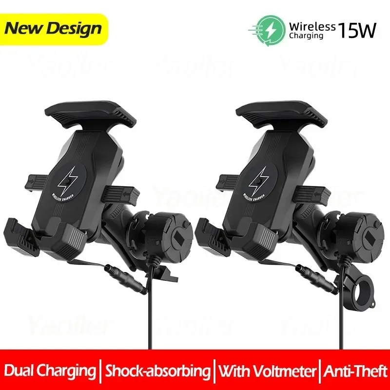 NEW Motorcycle 15W Wireless Phone Holder Fast Charger Stand Anti-Theft Shock-absorbing Handlebar Mount for 4.0-7.0