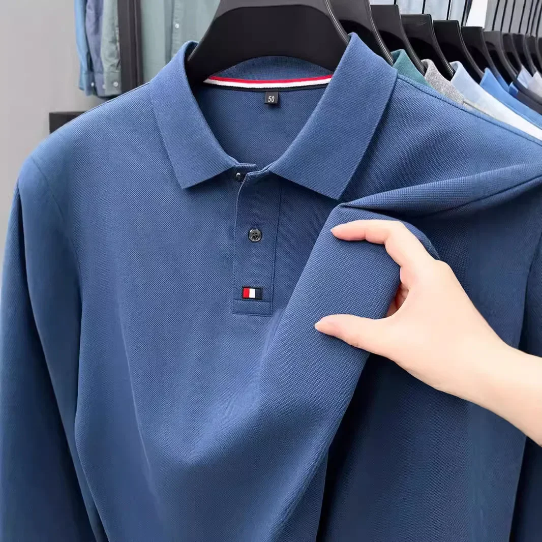 Collar T-shirt for men, long sleeved, autumn, middle-aged, business, pure cotton, casual polo shirt, top for men