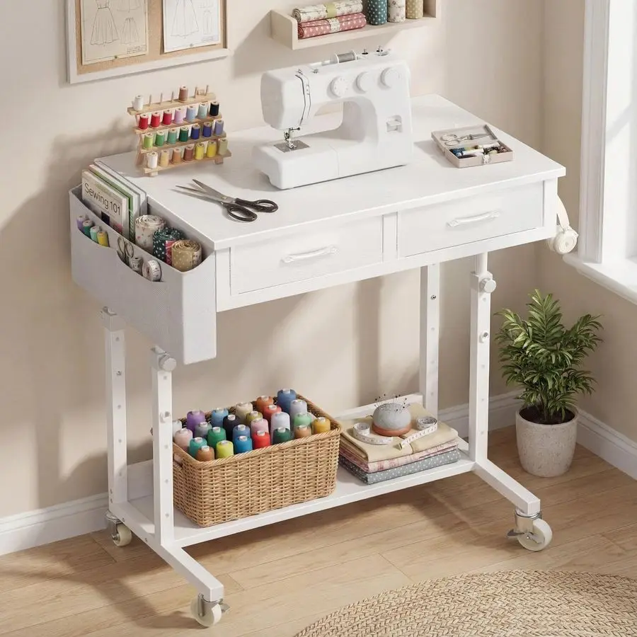 Mesa Infantil Portátil Ajustável com Rodas e Gavetas, 32 Polegadas, Mesa de Maquiagem Móvel com Prateleira de Armazenamento