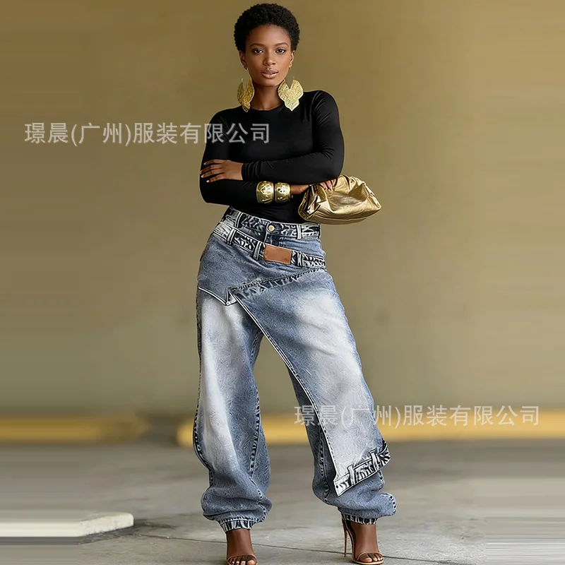 Women's Asymmetrical Wrap Denim Pants Vintage Washed Faded Patchwork Design High Waist Irregular Hem Baggy Jeans Streetwear New