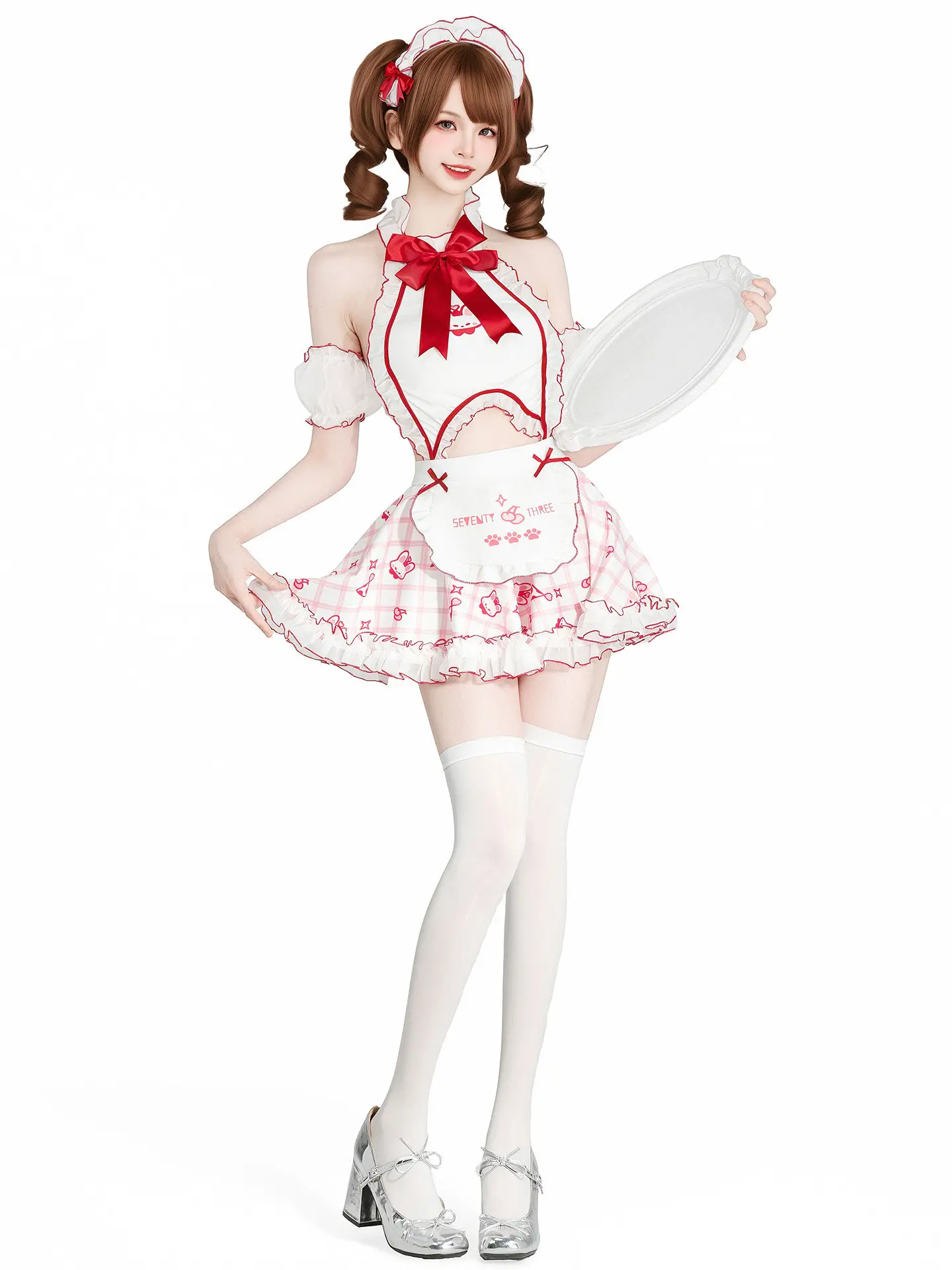 Kawaii Bunny Maid Halter Sleepwear Set Sweet Plaid Print Ruffle Apron Dress Cute Lolita Home Loungewear Cosplay Costume Women - view 3