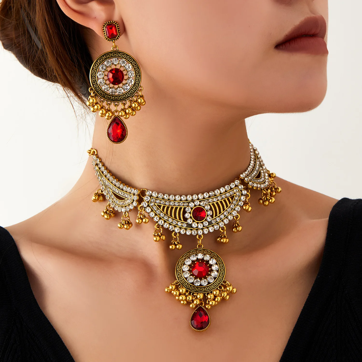 المجوهرات الهندية الرجعية البوهيمي العرقية نمط الفيروز اكسسوارات أنيقة المرأة قلادة أقراط طقم مجوهرات لهدية الحفلات #4