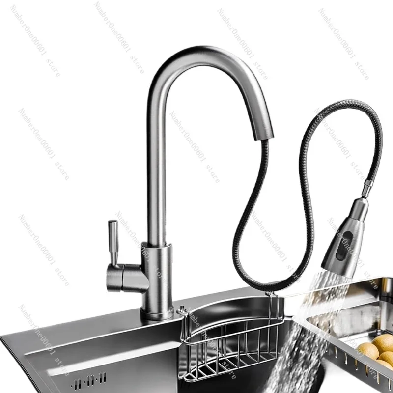 Kitchen Pull-out Retractable Faucet Hot and Cold 304 Stainless Steel Vegetable Basin