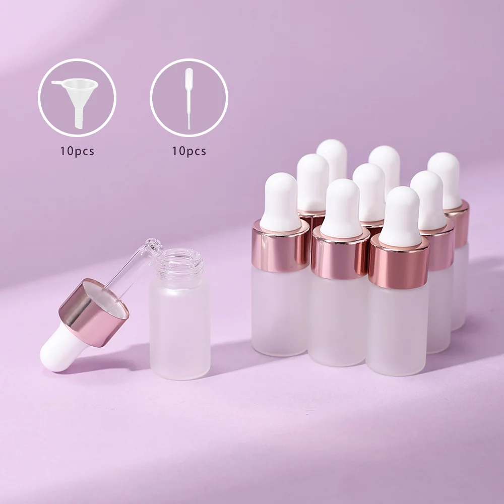 ขวดแก้วฝ้าขนาด 3 มล. จำนวน 10 ชิ้น พร้อมกรวย 10 ชิ้น และหลอดหยด 10 ชิ้น ภาชนะแบบเติมได้สำหรับน้ำมันหอมระเหย น้ำหอม เซรั่ม