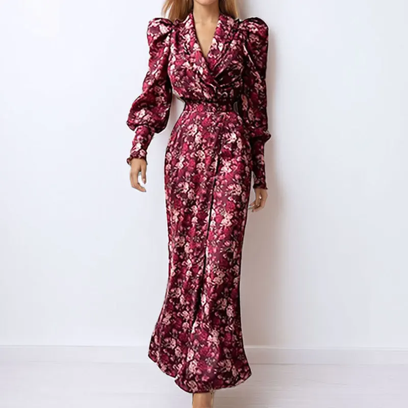 

Women Autumn Long Sleeve Bohemian Dress Elegant 2025 V-Neck Pleated Office Long Dress Temperament Waisted Party Dress Vestido