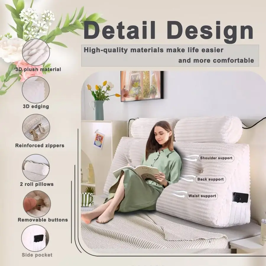 Almohada de cuña con soporte para espalda totalmente ajustable para sentarse en la cama, perfecta para leer. Incluye amplificador extraíble Cov lavable