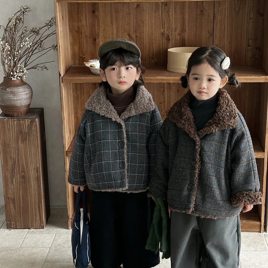 Children Girls Woolen Coats Winter Fleece Turn Down Collar Kids Baby Girls Parkas Thicken Warm Plaid Jackets For 1-8 Years Girls