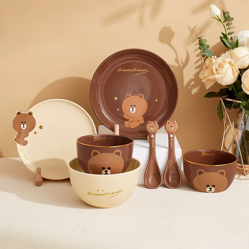 

Brown Bear Plates Dinner Sets Ceramic Unique Kids Birthday Gift Dishes Sets Full Set Pratos De Jantar Conjuntos Tableware