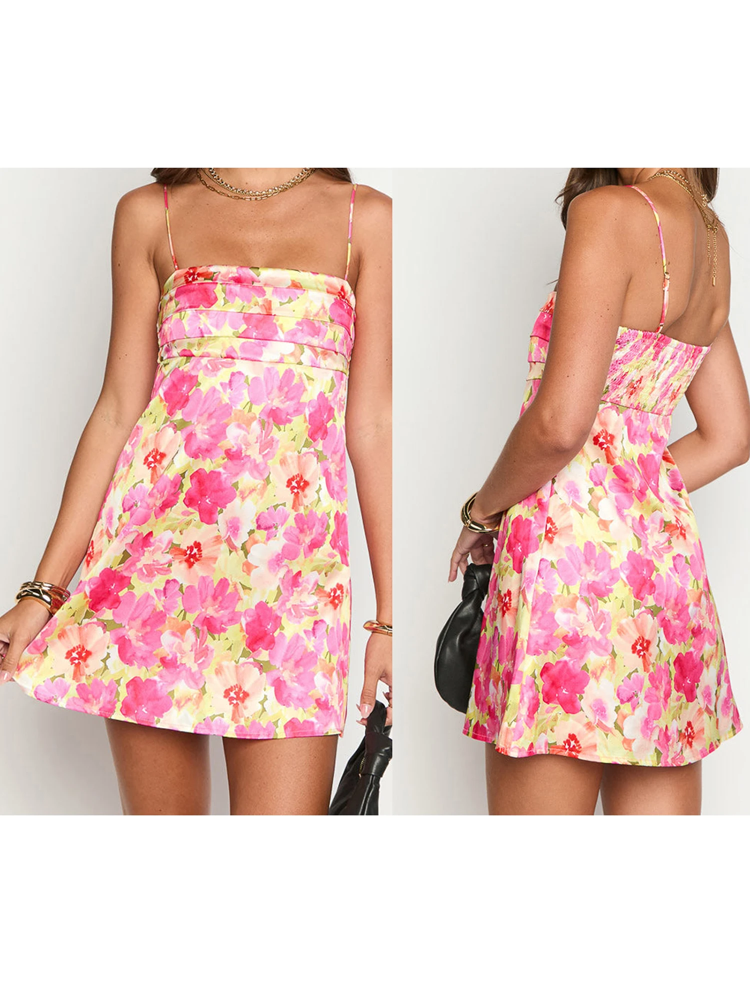 فستان نسائي طويل بتصميم بوهو مع فتحة رقبة على شكل حرف V وحاشية مكشكشة بدون أكمام فستان شاطئ مطبوع عليه زهور لقضاء عطلة الصيف #5