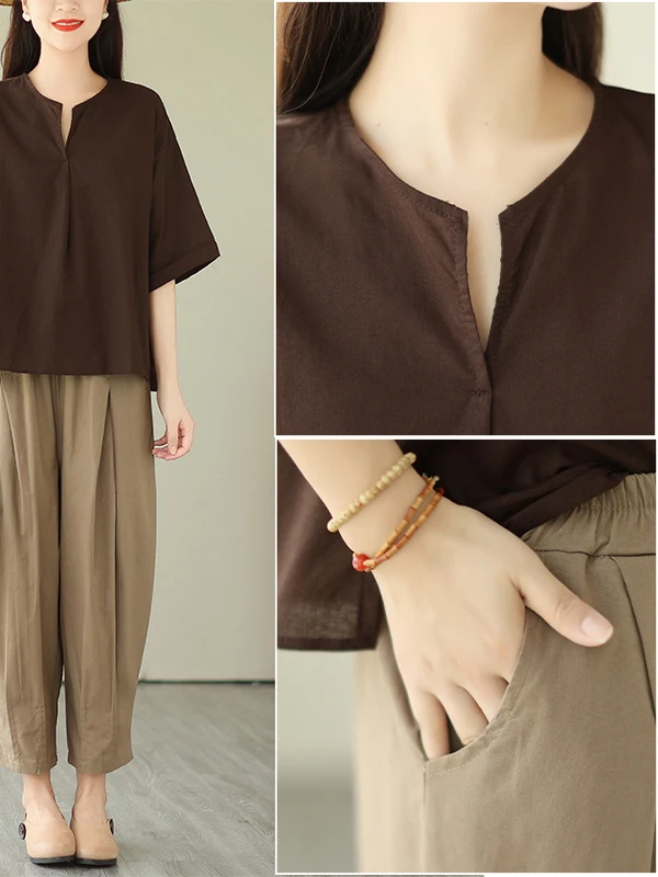 

Повседневный комплект из хлопка и льна, женский летний комплект 2025, новый модный винтажный комплект для мам, свободные брюки Харлан большого размера, комплект из двух предметов