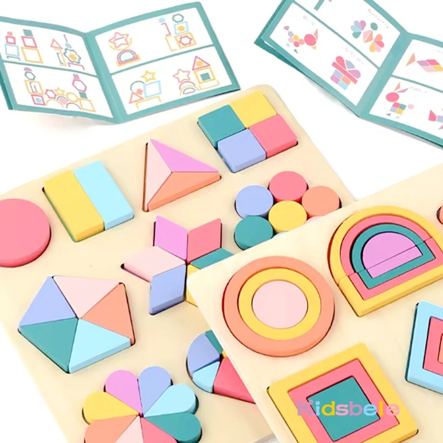 Children's DIY Montessori Geometric Shape Color Matching Toys Wooden 3D Jigsaw Puzzle Block for Boy Girl Christmas Birthday Gift