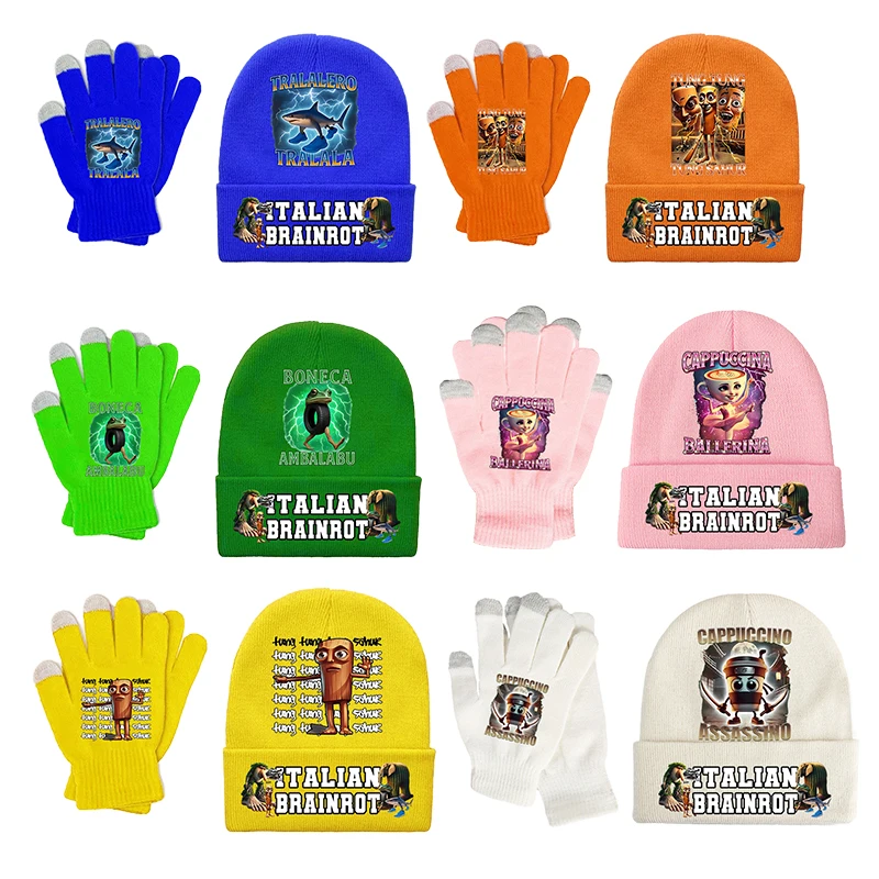 

Italian Brainrot Boy Girl Knitted Hat Gloves Set Cartoon Cute Knit Cap Anime Fashion Glove Baby Winter Warm Accessorie Xmas Gift