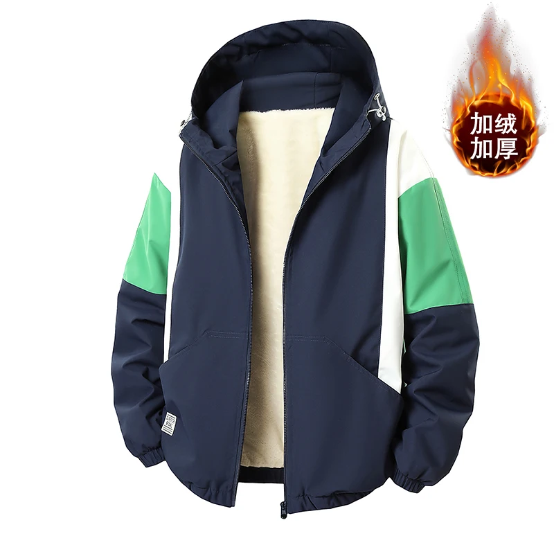 

Fleece warm Jacket men winter Jacket Trendy Brand Contrasting Color Outdoor Windbreaker Unisex Hooded Jacket Men's Loose Sport