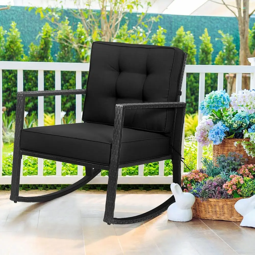 

Outdoor Black Rattan Rocking Chair with Cushion for Garden, Porch, Backyard, and Poolside