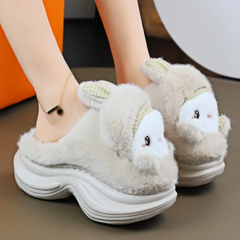 Pink Cute Rabbit Fluffy Slippers Women's Platform Thick Heeled Designer Shoes Girls Cute Home Plush Warm Winter Footwear 2025