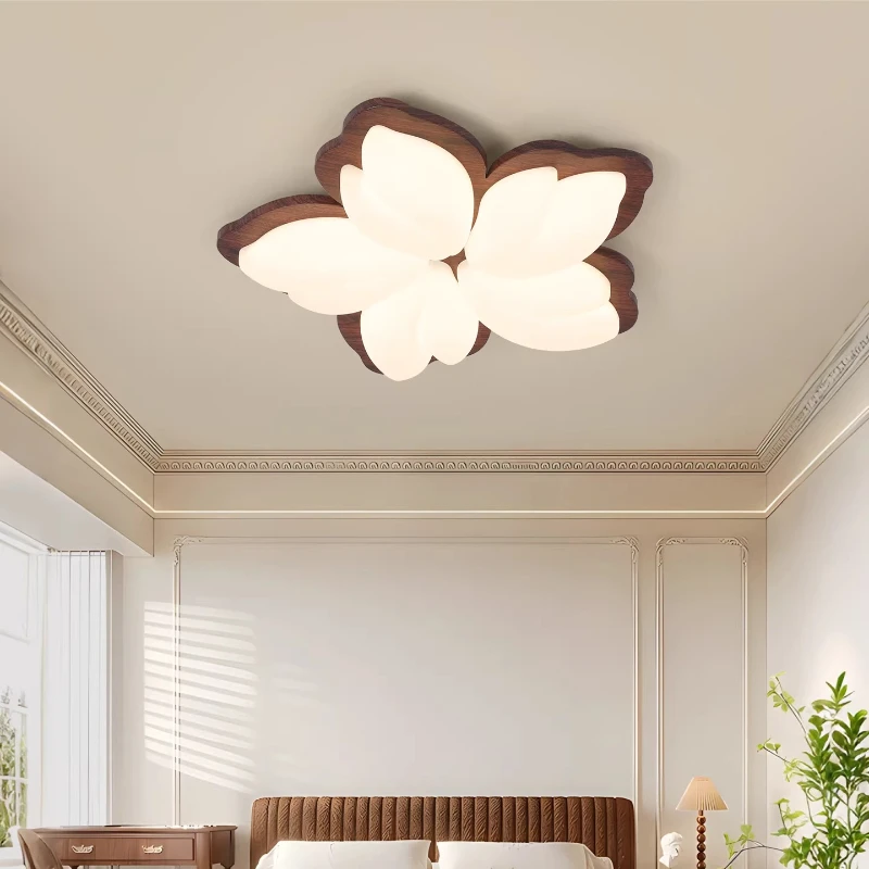 Cream Style Bedroom Living Room Study LED Ceiling Lights Retro Flower Shape Walnut Wood Color Wrought Iron Creative Hanging Lamp