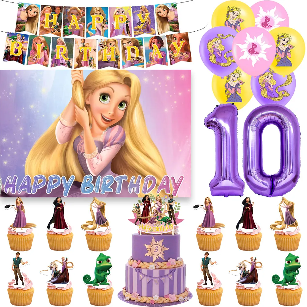 

Tangled Rapunzel Birthday Party Decoration Balloon Cake Topper Banner Background Girl Kid Gift Baby Shower Photography Props