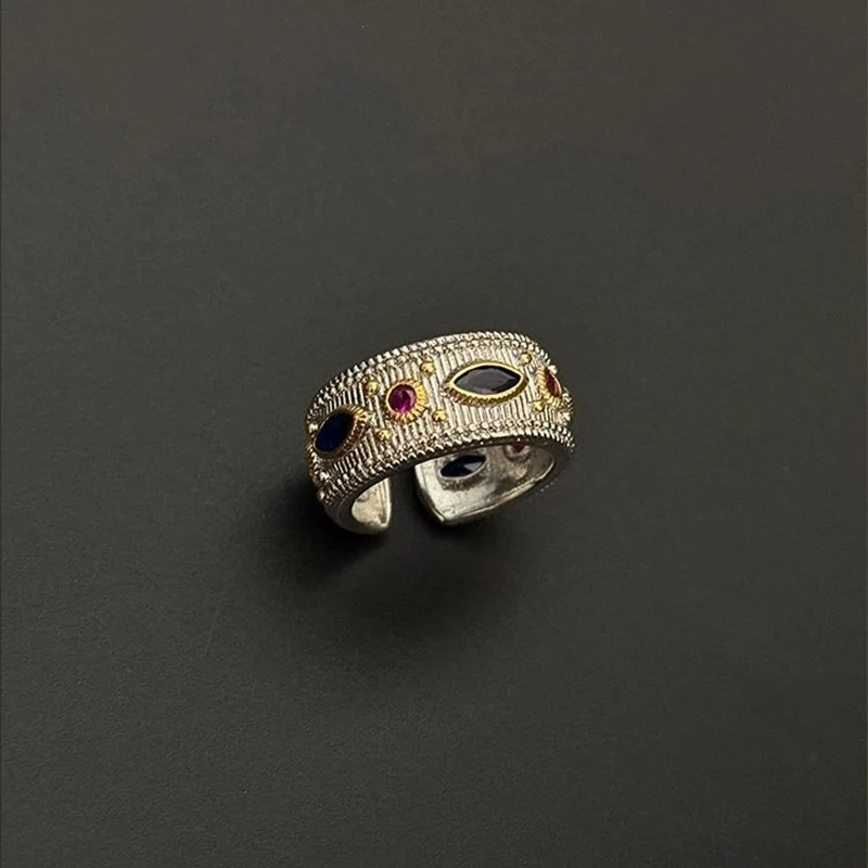 Foxanry Multicolor Zircon Stripe Open Ring For Women Couples Vintage Trendy Creative Design Personality Anniversary Jewelry Gift