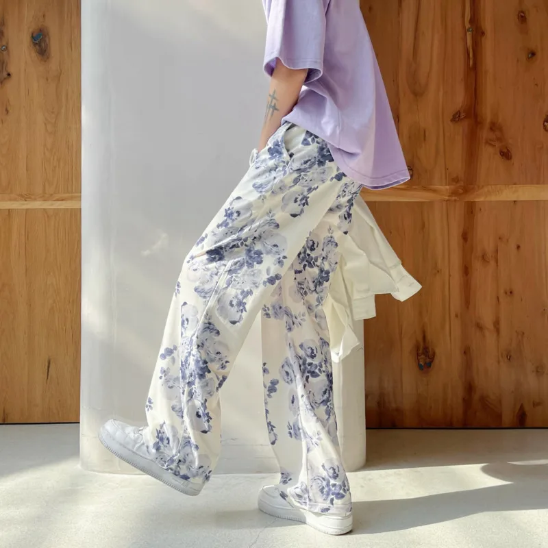 Summer Flower Pants Men Oversized Wide Leg Pants Men Streetwear Korean Loose Straight Printed Casual Pants Mens Trousers M-3XL