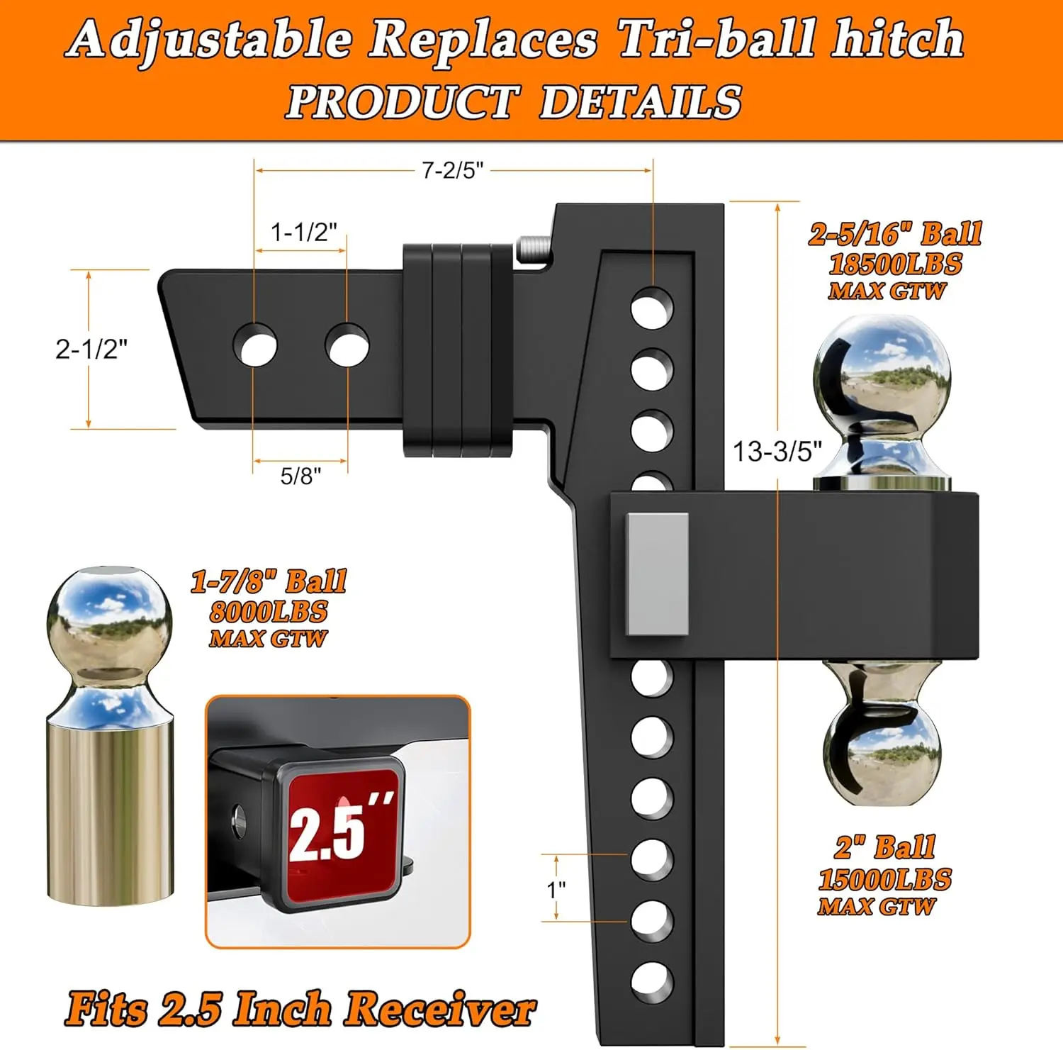 Engate receptor de 2,5 polegadas, bola dupla (2'', 2-5/16'', cabe em engate receptor de 2,5, engate suspenso de 10 polegadas, engate GTW de 18,500 LBS