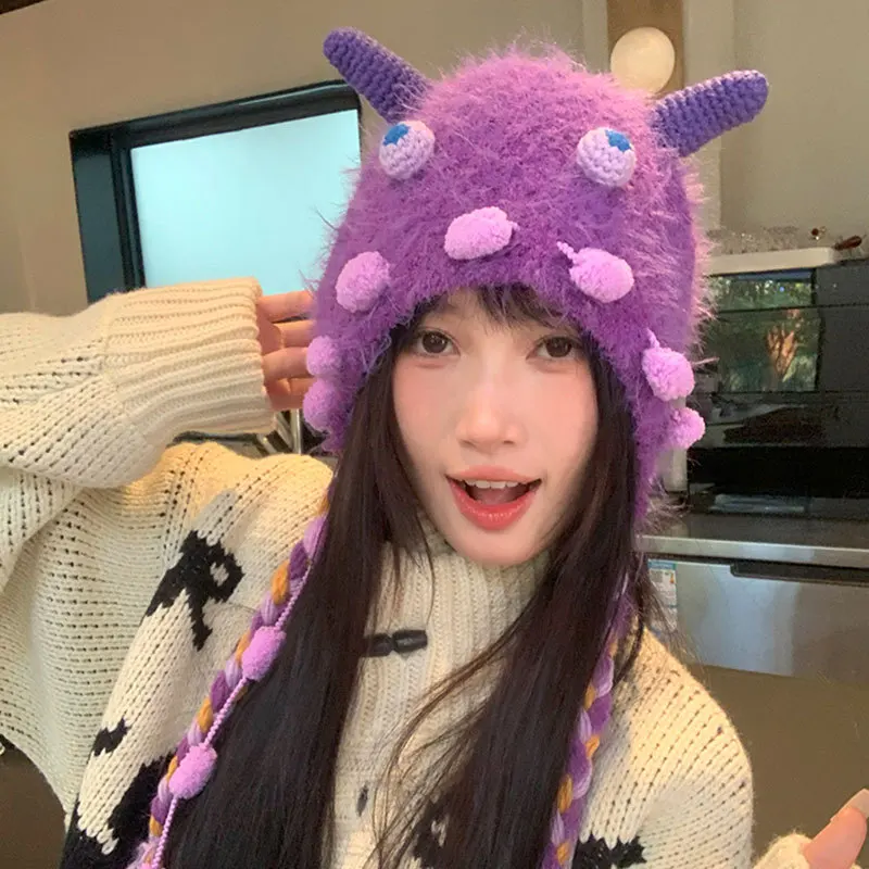 

Ladies' Pullover Hats New Autumn Winter Kawaii Cartoon Cute Sweet For Girl Funny Knitted Hats Ear Protection Warm Plush Hoodies