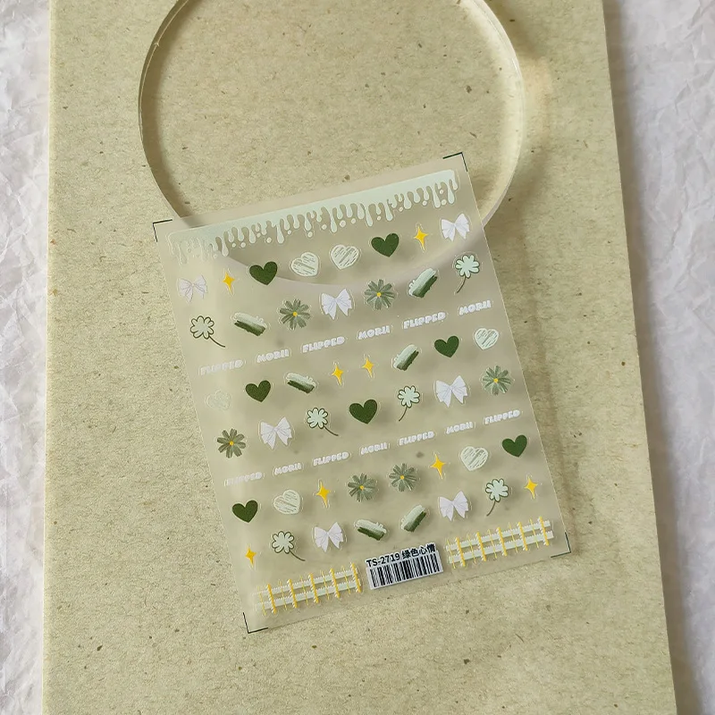 ネイルアート用のエンボス加工された5Dステッカー,装飾的なネイルアート,緑のムード,愛,弓,つや消し,透明,つや消し,高品質