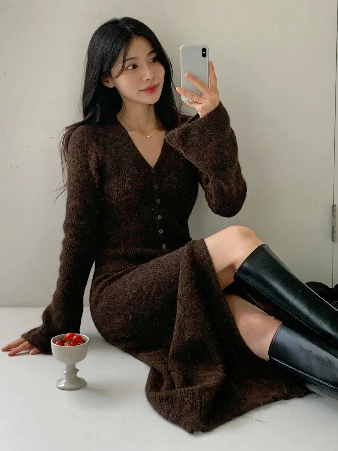 Vestido de Suéter Largo de Punto con Cuello en V y Botones para Mujer, Atuendo Cálido para Otoño e Invierno