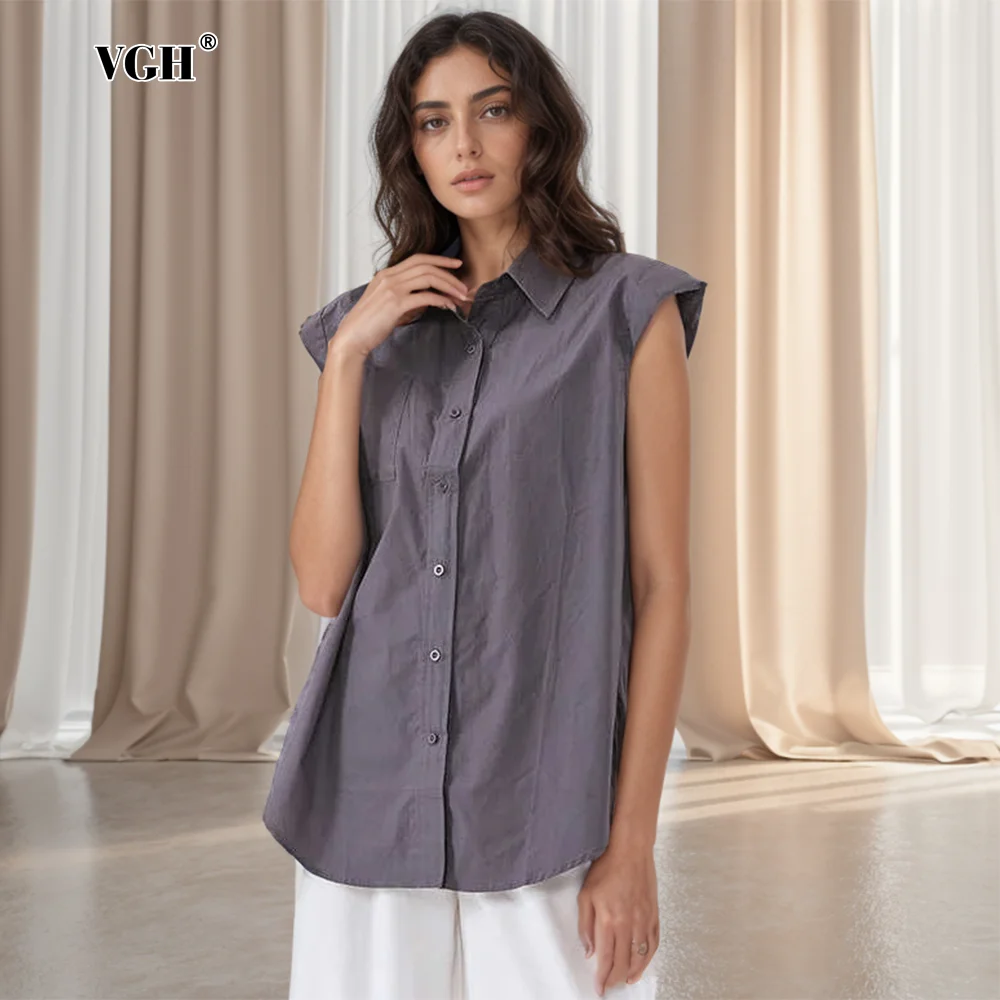 

VGH Solid Patchwork Pockets Shirts For Women Lapel Short Sleeve Spliced Single Breasted Minimalist Loose Blouses Female Style
