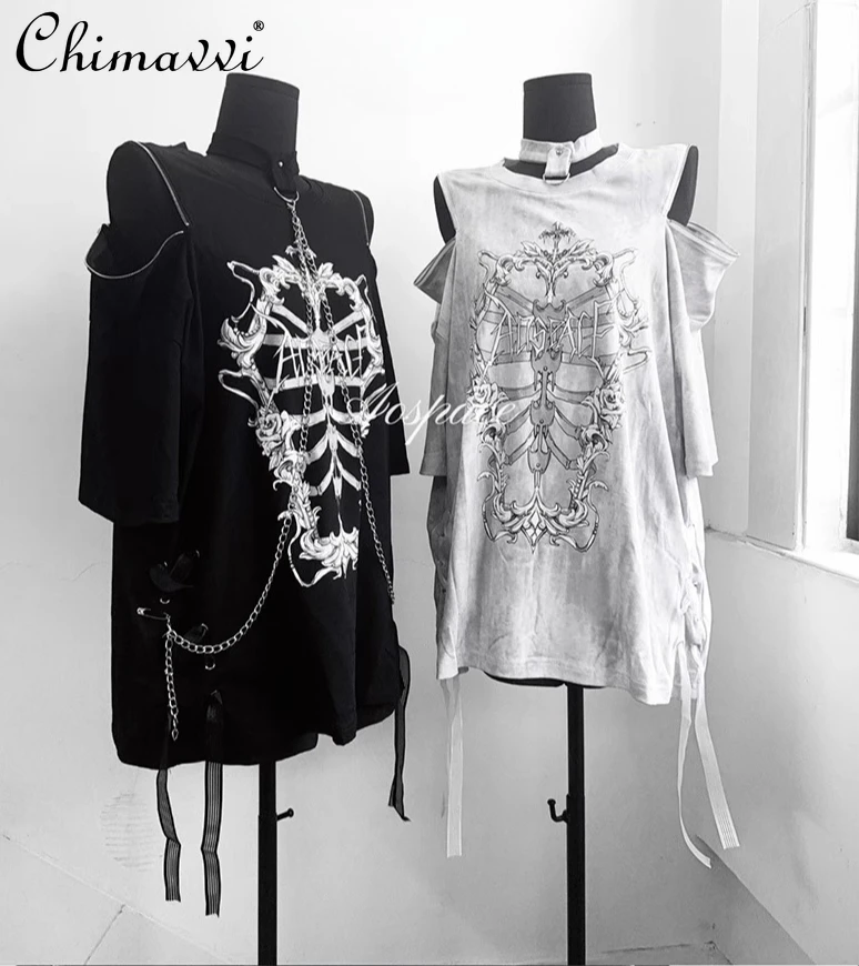 

Original Subculture Off-Shoulder Rib Tie-Dye Dark Halter Chain Short Sleeve T-Shirt Japanese Punk Style Loose T-Shirt Y2k Tops