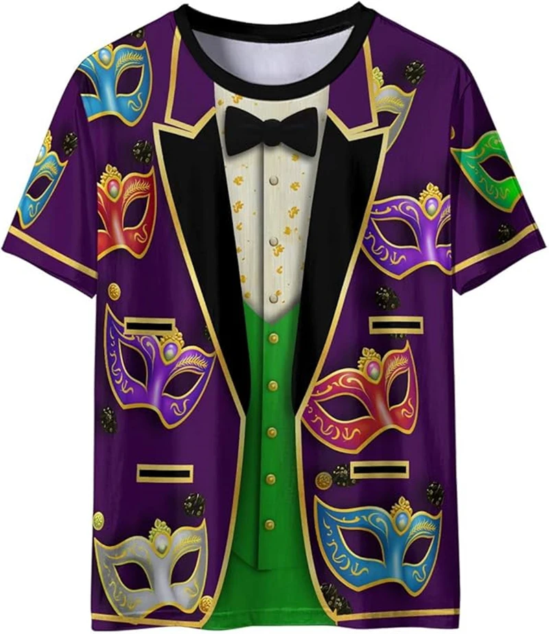 

New Fashion Mardi Gras Carnival Dress Up Tuxedo Printing Short Sleeve Shirts For Men Clothes Casual Shirt Vacation Blouses Tops
