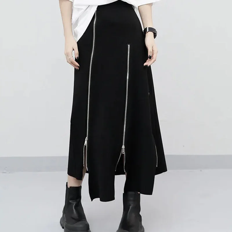 

Американская винтажная черная асимметричная юбка, женская юбка трапециевидной формы с разрезом на молнии и высокой талией, готическая уличная повседневная темная юбка