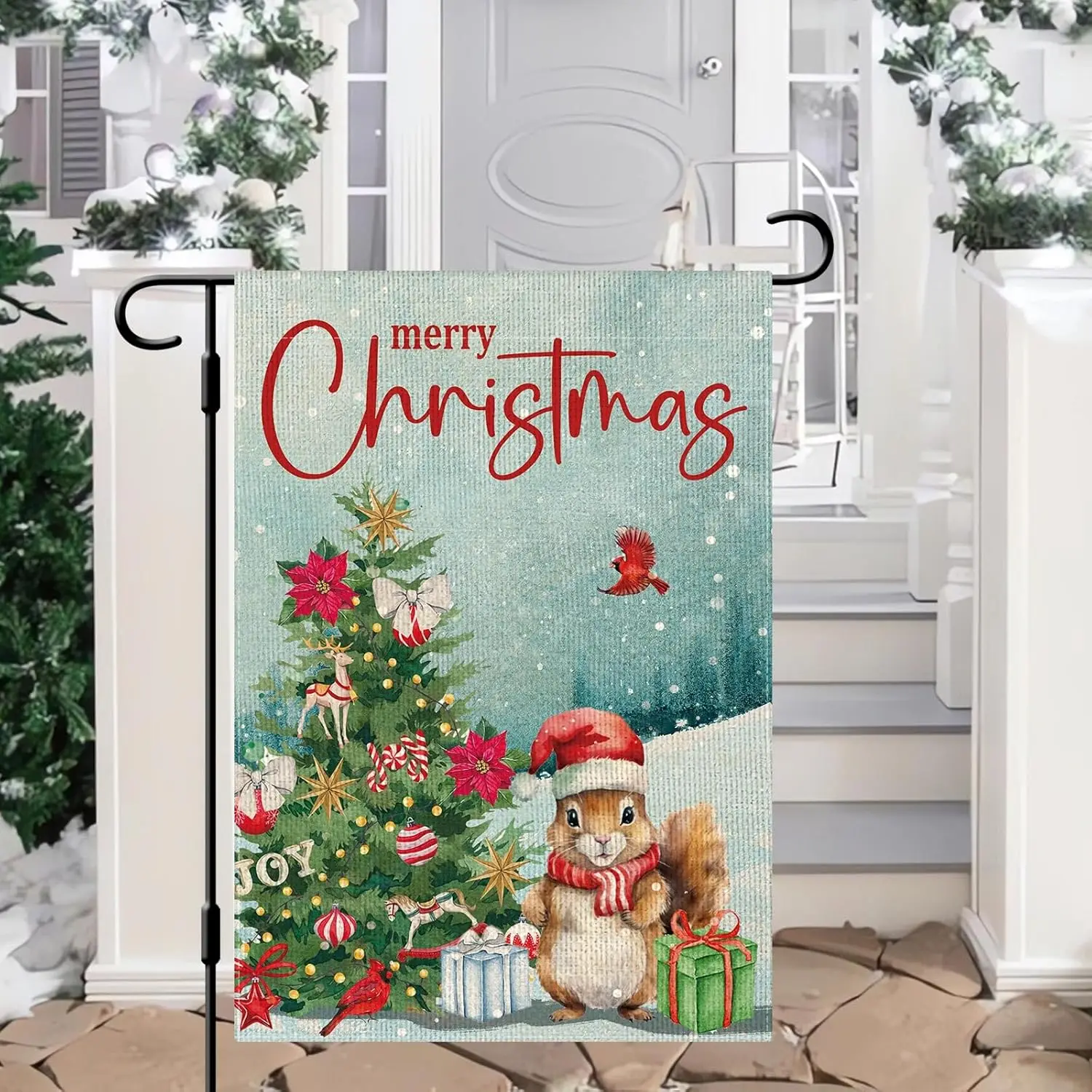 DLZDN Merry Christmas Squirrel Garden Flag Christmas Tree Cardinal Garden Flag 12×18 Inch Double Sided Vertical Burlap Farmhouse