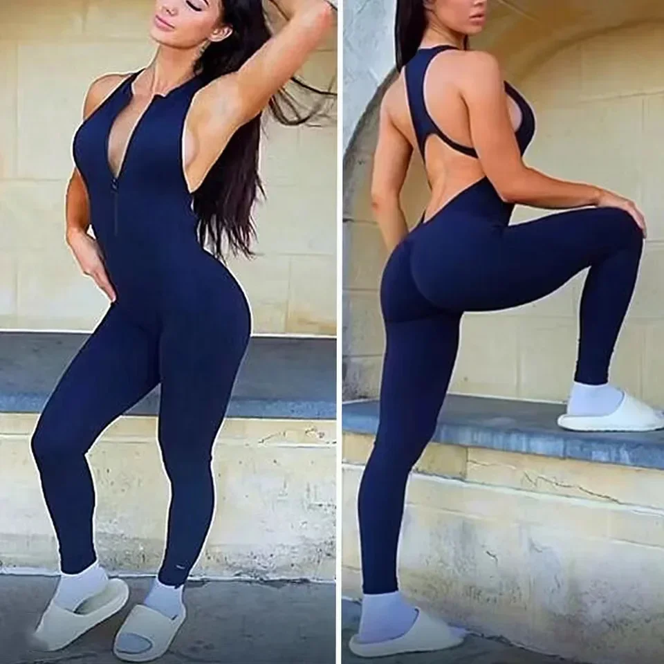 New Zip Up Rompers Scrunch Butt Yoga Sets Sleeveless pants Jumpsuit for Women Fitness Gym Clothing Workout Open Back Sports Suit