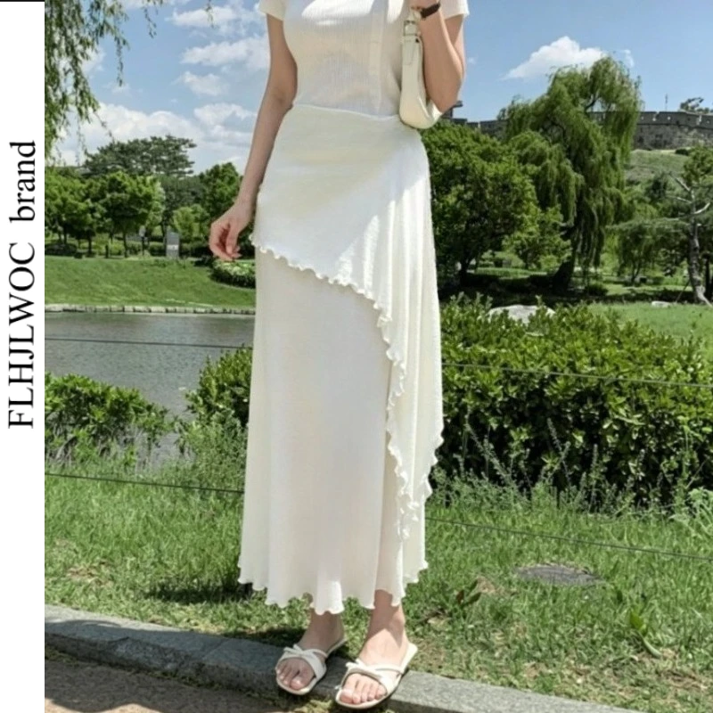 Cute Curtain Skirts Village Chic Korea Fashion Clothes Woman Wrap Lace-Up Patchwork Solid Gray White Black Long Maxi Skirt