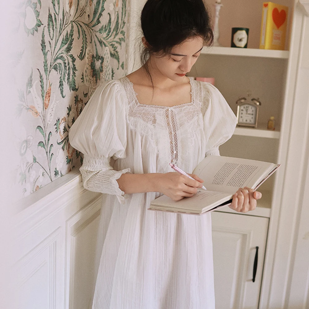 New 2024 100% Pure cotton French retro lace sweet court style fairy nightdress Princess nightgown women long loose vintage gown