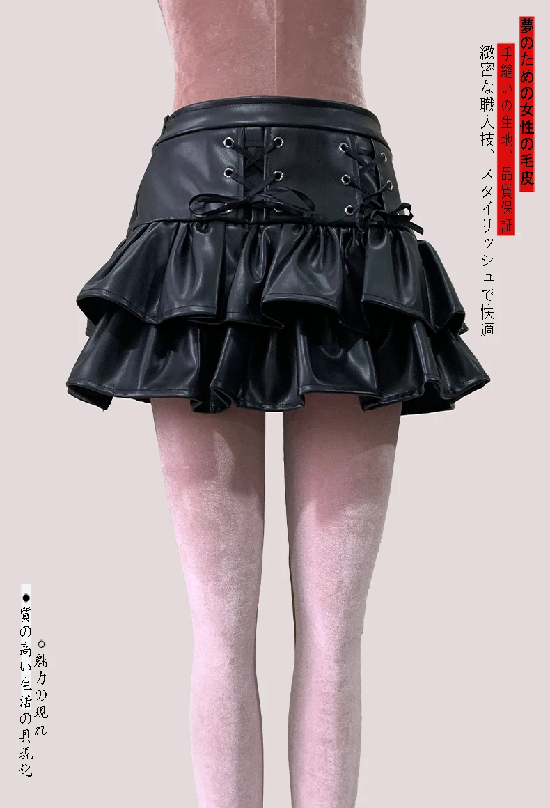 Nerazzurri Summer Autumn Soft Black Pu Leather Mini Tiered Pleated Skirt Women Lace Up Short Luxury Designer Punk Style Clothes