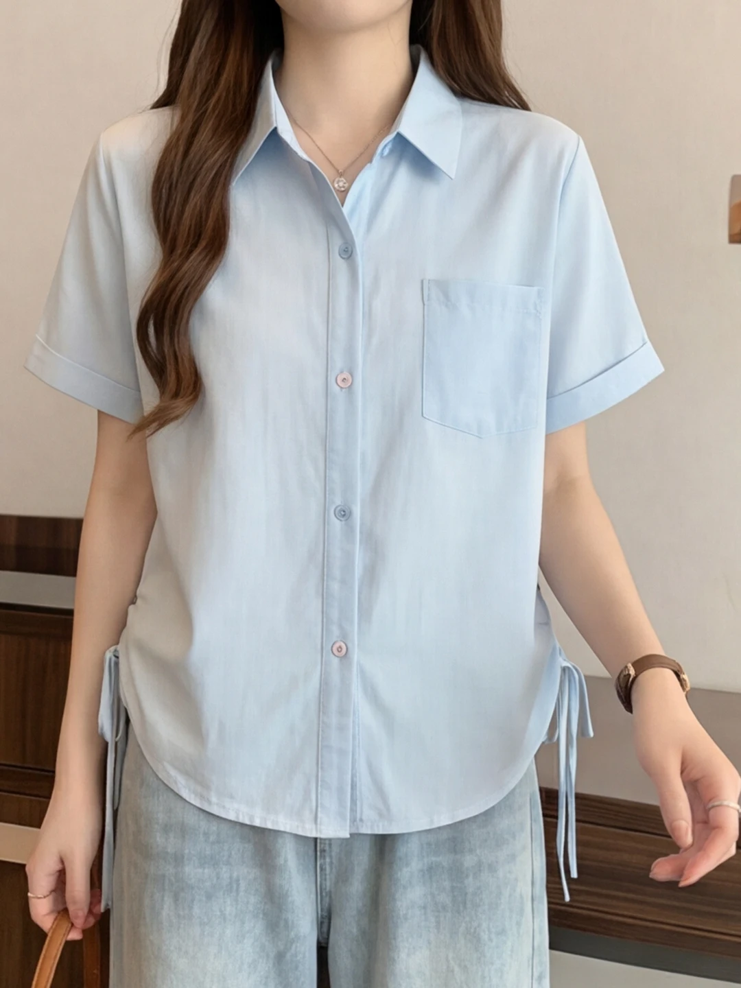 

Blue Loose Short Sleeve Shirt Women's Summer New Style plus Size Beautiful Slimming Unique Young-looking Top Korean Style Com...