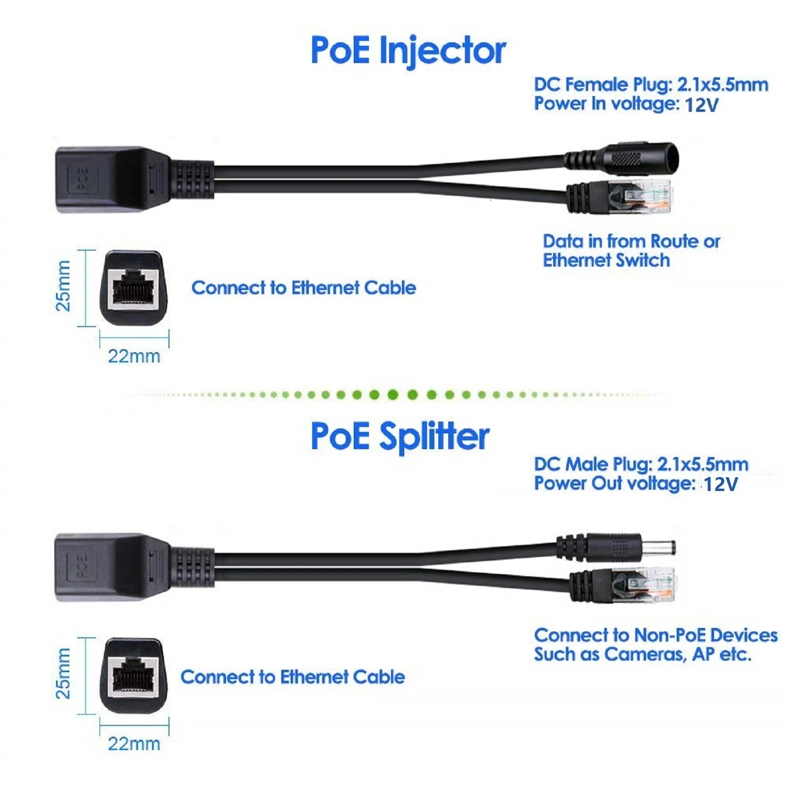 1 Pair For IP Camera 12V POE RJ45 Cable Passive Power Over Ethernet Adapter RJ45 Injector POE Splitter Kit Power Supply Module